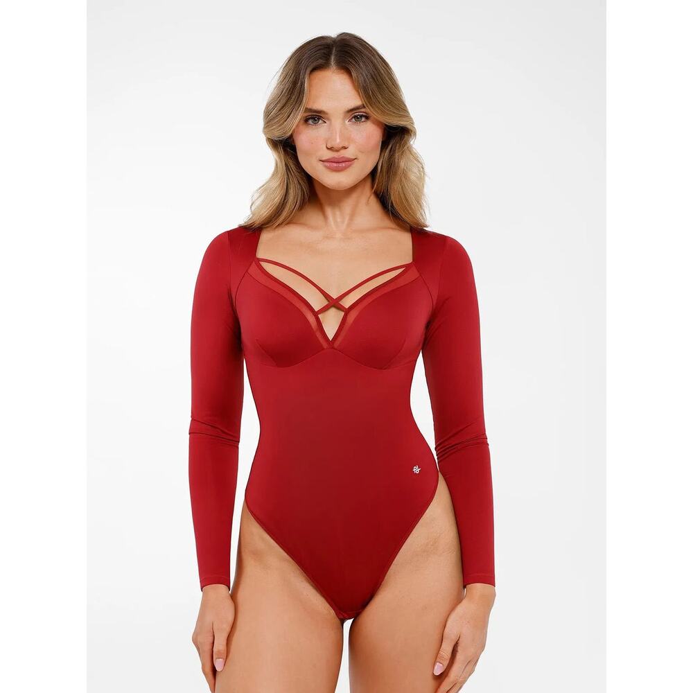 POPILUSH Red Shapewear Long Sleeve Mesh Inset Tummy Control Bodysuit sz Large